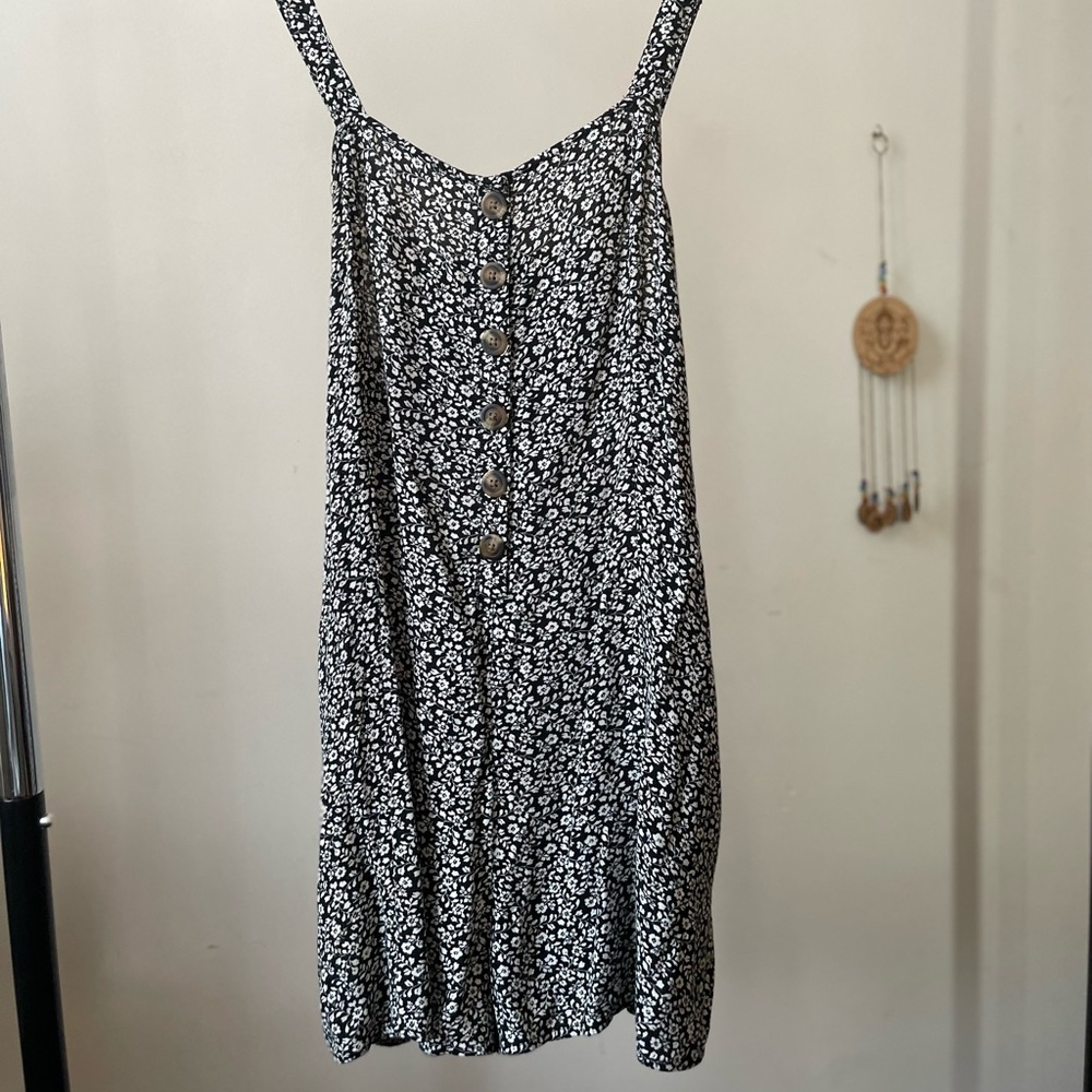 American Eagle Black Floral Tank Top Romper with Brown Buttons- Size S/P